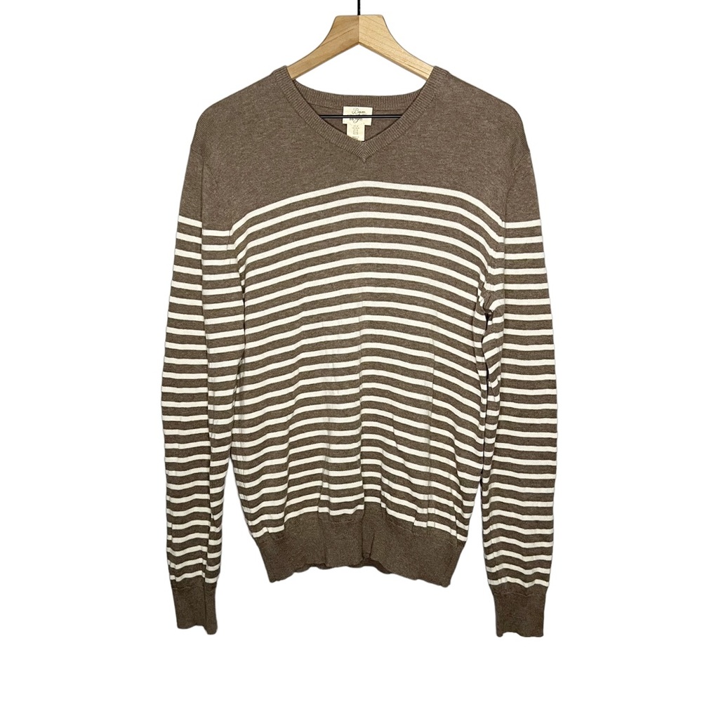 Bowen & Wright 100% Cotton Striped V Neck Sweater in Brown/Cream M